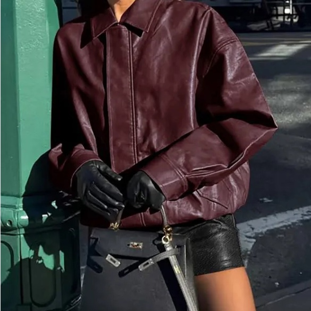 NWT Burgundy Leather Jacket with Relaxed Fit and Minimal Design